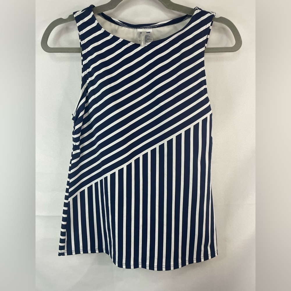 Lands End navy and white stripes modest swim top. This has built in padding.